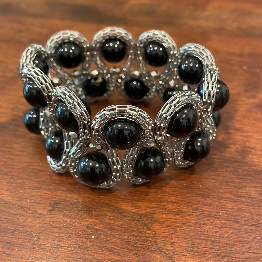 Stretchy, silver, and black wide bracelet